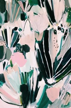 an abstract painting of flowers in green, pink and white