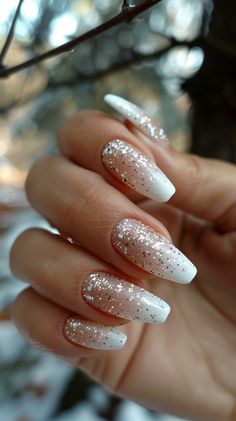 White Nails Nails Ideas 2024 Winter, Sparkly White Tip Nails, Winter Sparkly Nails, Elegant Christmas Nails Classy Sparkle, Glitter And White Nails, Sparkly Birthday Nails, Christmas/new Years Nails, Christmas Sparkle Nails, White Winter Nail Designs