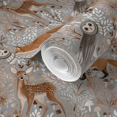 an animal themed wallpaper with owls and deers on it's side,