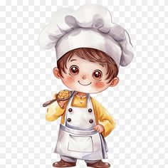 a little boy wearing an apron and holding a spoon with food in his hand, cartoon character