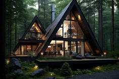 a - frame house in the woods at night