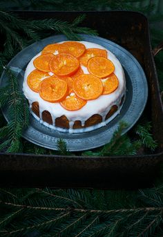 there is a cake with orange slices on it and pine branches in the back ground