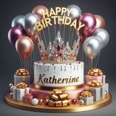 a birthday cake with balloons and presents on the top is surrounded by happy birthday letters