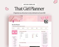 the girl planner website is displayed with pink hearts and other things to do on it