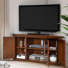 a flat screen tv sitting on top of a wooden entertainment center next to a plant