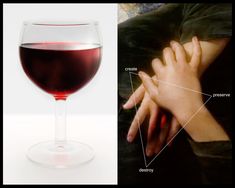 a glass of red wine next to an image of someone's hand holding their arm