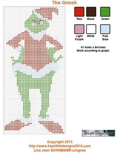 a cross stitch pattern with the grin on it's back and red, green, and