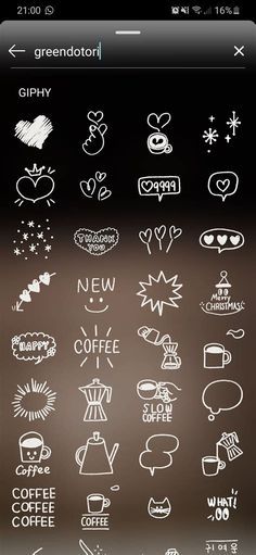 an iphone screen with various stickers on it, including coffee and hot chocolates