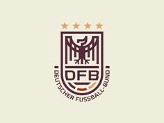 the german football team logo is shown in red and white, with three stars above it