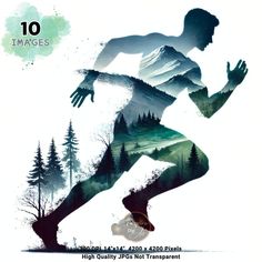 a man running through the air with trees and mountains in the backgroung