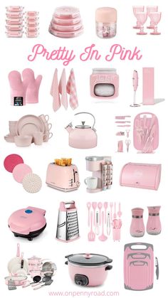 pink kitchen accessories and utensils are arranged in the shape of a collage