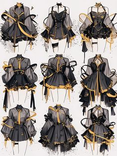 several different types of black and gold dresses with bows on the waist, shoulders, and arms