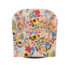 an upholstered chair with colorful flowers on it