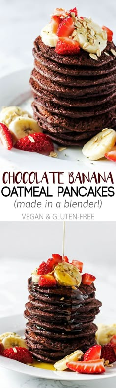 chocolate banana oatmeal pancakes stacked on top of each other with strawberries and bananas