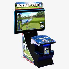 an interactive golf game is shown on the screen and in front of it's stand