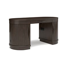 an office desk with a curved top and two drawers on one side, in dark wood