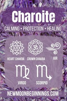 Shop Charoite on our website at newmoonbeginnings.com Charoite Crystal Meaning, Charoite Meaning, Elemental Magick, Negative Habits, Charoite Crystal, Virgo And Scorpio, Light Lilac, Witchy Stuff, Crystal Healing Stones