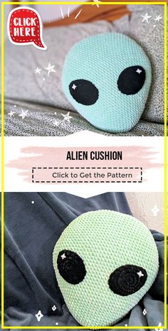 an alien cushion is shown in two different pictures, one with black eyes and the other has