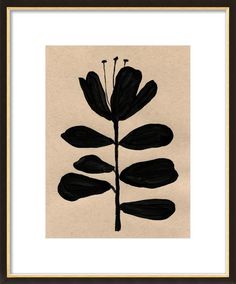 a black and white drawing of a plant with leaves on it's back side