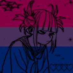 a drawing of a girl with pink and blue hair in front of a red, purple and blue background