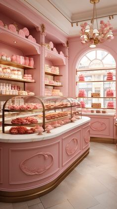 a pink bakery with lots of cakes and cupcakes on the shelves in it