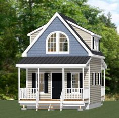 the small house is painted blue and has two porches on each level, with an open floor plan