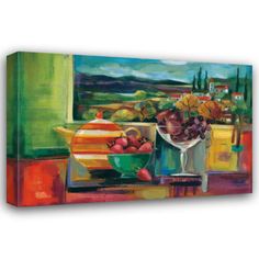 an oil painting on canvas of fruit and vegetables in front of a window sill