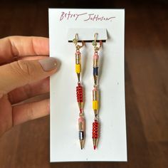 Dangling 3 Tier Pencil Earrings, Perfect For A Teacher. Second Picture Shows Price Of $48, Which Can Be Seen Through The White Out Pencil Earrings, Betsey Johnson Jewelry, Earrings Color, White Out, Picture Show, Red Yellow, Betsey Johnson, The White, Outfit Ideas