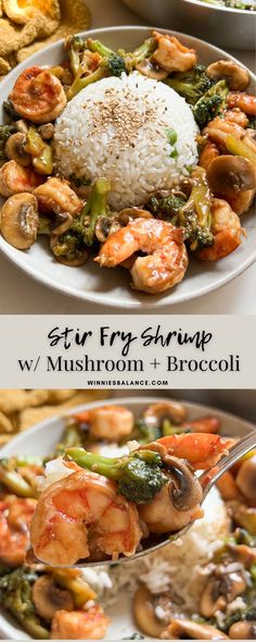 stir fry shrimp with mushrooms and broccoli on a white plate