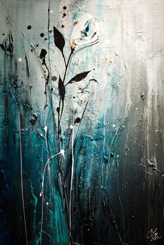 an abstract painting with blue and white flowers