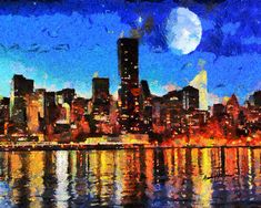 a painting of a city skyline at night with the moon in the sky above it