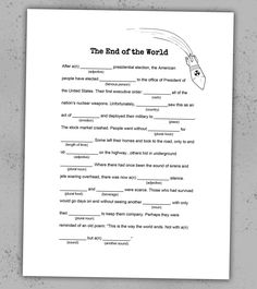 "\"The End of the World\" is a Mad Libs-style fill-in-the-blank word game that's perfect for office parties, game nights, or Halloween parties. It's also a fun classroom activity! Fill in the out-of-context blanks of the story with your friends, family, or coworkers and read the answers aloud when you're done to hilarious effect. If you're looking for a funny word game created by a professional game designer, this is the game for you! It's sure to entertain kids, teens, and adults alike! With this purchase, you'll receive a PDF digital download to print and play at your leisure. File is standard 8.5 x 11 in. format. To play, you'll need 2+ people, including 1 person to record everyone else's answers and then read the completed game aloud once all answers have been filled in." Mad Libs For Adults, Funny Mad Libs, Office Party Game, Fun Classroom Activities, Mad Libs, Substitute Teacher, The End Of The World, Zoom Call, Office Party