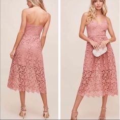 Sweet, Playful And Party-Ready, This Lace Midi-Length Dress Has Slender Straps And An Airy Silhouette That's Perfect For Twirling In The Sun. - Hidden Back-Zip Closure - Adjustable Straps -Neck - Sleeveless Partially Lined - 100% Polyester New With Out The Tag Size M Pink Lace Dress For Summer Evening, Pink Lace Evening Dress For Summer, Spring Bridesmaid Lace Dress, Sleeveless Lace Dress For Summer Wedding, Sleeveless Lace Dress For Wedding Guest In Spring, Pink Lace Dress For Summer Party, Pink Midi Lace Dress For Party, Feminine Lace Dress For Party, Feminine Lace Party Dress