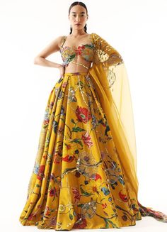 Golden Organza Satin Printed And Embellished Lehenga Set With Two Dupattas Mahima Mahajan - Fabilicious Fashion Mahima Mahajan, Lehenga And Blouse, Lehenga Style Saree, Mehndi Outfits, Indian Bridesmaid Dresses, Haldi Outfits, Organza Lehenga, Indian Fashion Jewellery, Wedding Blouse Designs