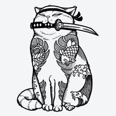 a black and white drawing of a cat with a knife in its mouth