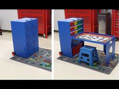 two pictures of a table made out of legos in the middle of a room