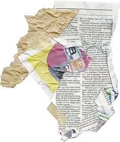 an image of torn newspaper paper with different colors and shapes on it's side