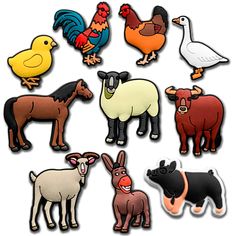 there are many farm animals and birds on this white background