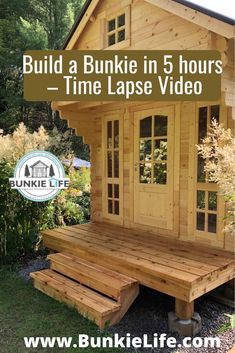 a small wooden cabin with the words bunkie kit exterior on it's side