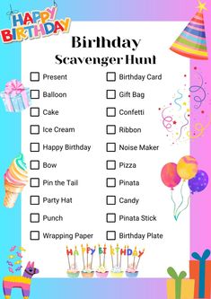 a birthday scavenger hunt with balloons, presents and gifts on the top of it