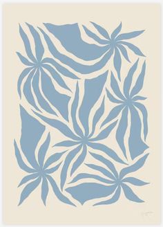 an abstract blue and white painting with leaves on the bottom half of it, against a cream background