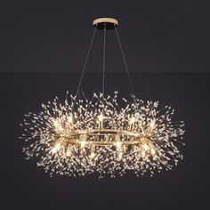 a large chandelier with many lights hanging from it's center and leaves on the bottom