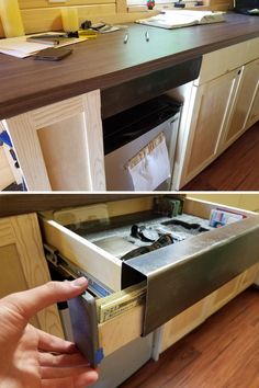 two pictures of an open drawer in a kitchen, one showing the inside and outside