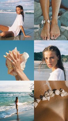 the woman is sitting on the beach with her feet in the sand and seashells