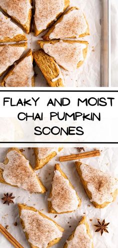 several pieces of pumpkin pie with cinnamon on top and the words flaky and most chai pumpkin scones