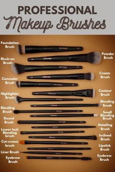 A makeup brush is a tool with bristles, used for the application of makeup or face painting. The bristles may be made out of natural or synthetic materials, while the handle is usually made out of plastic or wood. When cosmetics are applied using the appropriate brush, they blend better onto the skin. Makeup Brushes Names, Makeup Brushes Names And Uses, Make Up Things Name, Name Of Makeup Products, Brush Names Makeup, Make Brushes Guide, Makeup Things Name, Different Makeup Brushes And Their Uses, Makeup All Products Name List