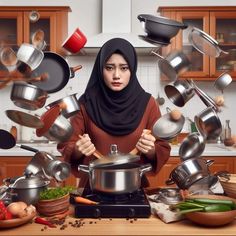 a woman in a headscarf is surrounded by pots and pans on the stove