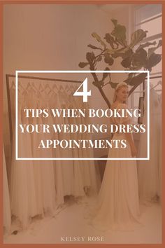 a woman looking at her wedding dress in front of a rack with the words 4 tips when