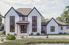 this is a computer rendering of the front elevation of a house with white brick and black trim