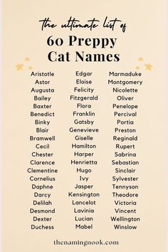 the strange list of go prepy cat names in black and white with yellow stars